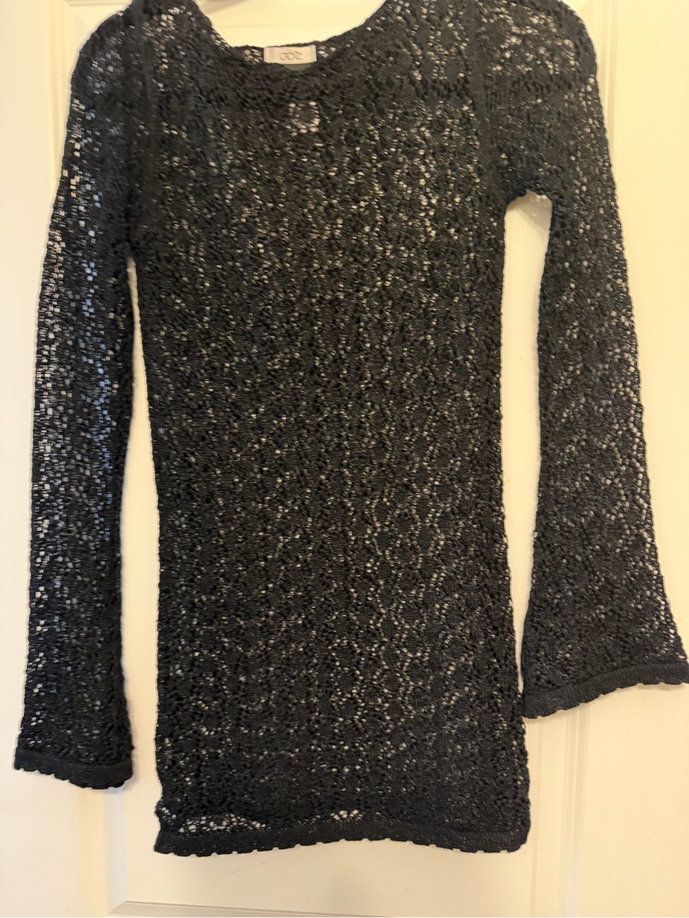 Cache Black Crochet Long-Sleeve Dress